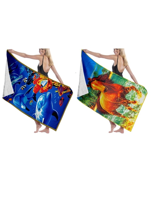 

Lushomes Set Of 2 Horse & Dolphin Printed 210 GSM Quick Dry Bath Towels, Blue