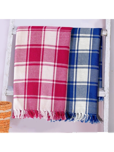 

Lushomes Set of 2 Blue & Magenta Checked Cotton 225 GSM Bath Towels