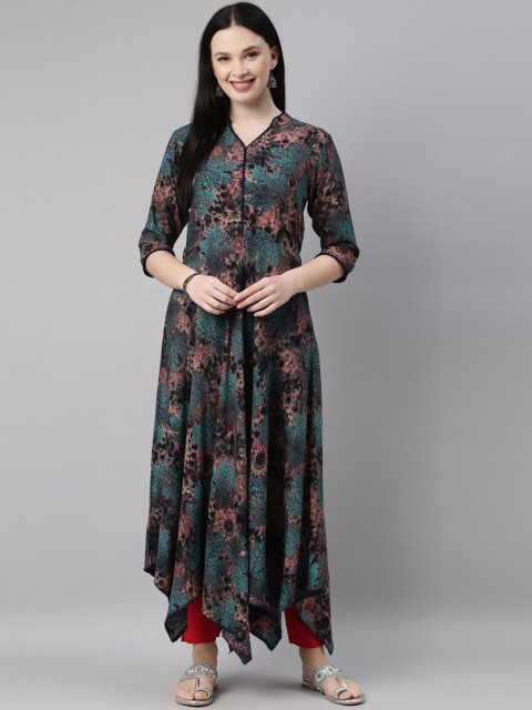 

Neerus Women Green & Pink Printed Anarkali Cotton Kurta