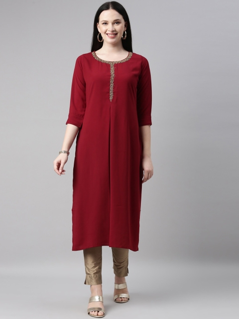 

Neerus Women Maroon Solid Straight Kurta With Embroidered Detail