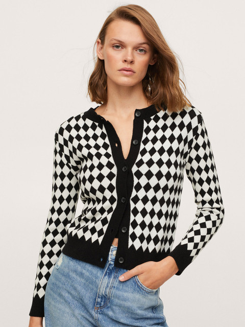 

MANGO Women Black & White Geometric Patterned Cardigan