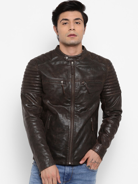

WELBAWT Men Brown Leather Lightweight e-Dry Technology Biker Jacket