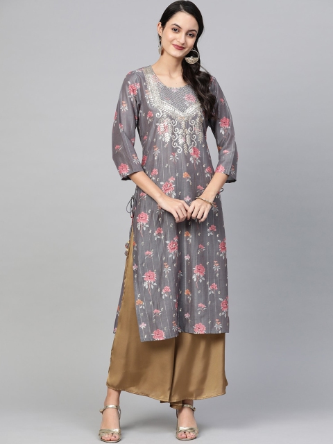 

Ishin Women Grey Floral Printed Flared Sleeves Chikankari Floral Chanderi Silk Chanderi Silk Kurta