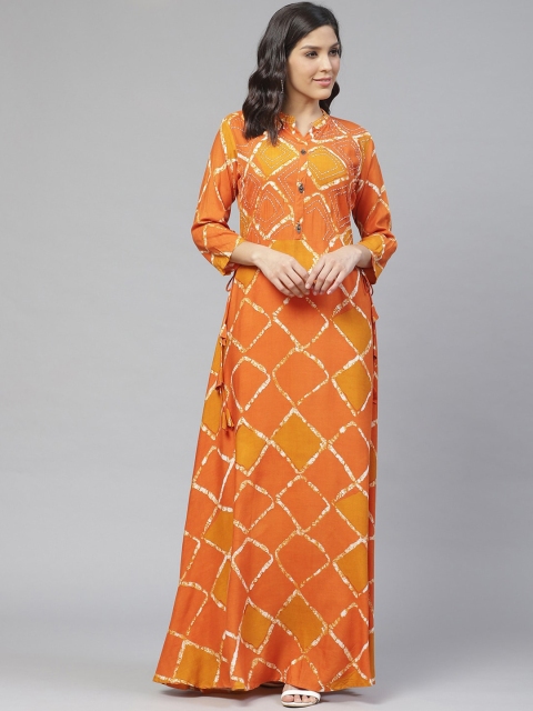 

Ishin Women Orange Geometric Checked Thread Work Kurta