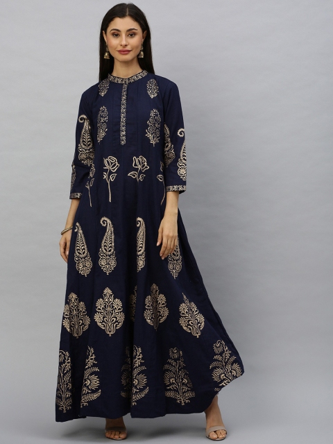 

Ishin Women Navy Blue & Gold-Toned Ethnic Motifs Foil Printed Pure Cotton Kurta