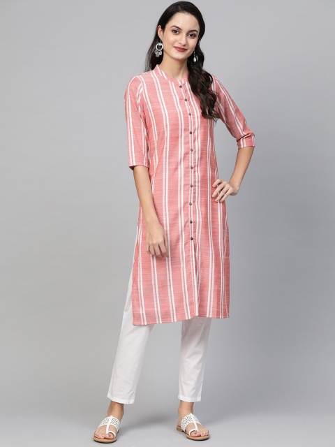 

Ishin Women Pink Striped Keyhole Neck Thread Work Kurta
