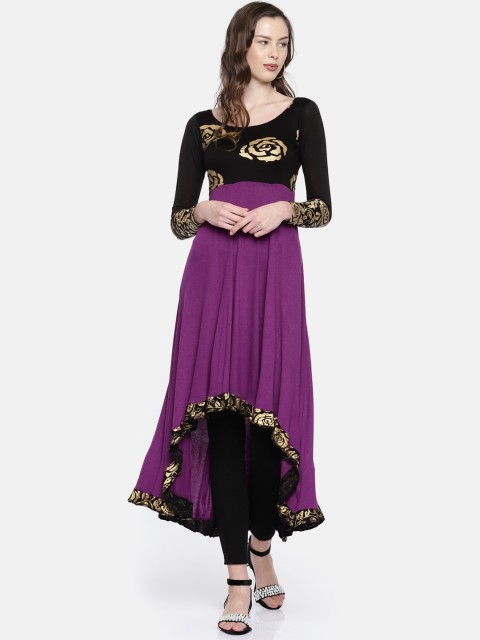 

Ira Soleil Women Purple & Black Yoke Design Knitted A-Line Kurta
