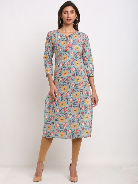 

Rajnandini Grey & Yellow Floral Printed Pure Cotton Kurti