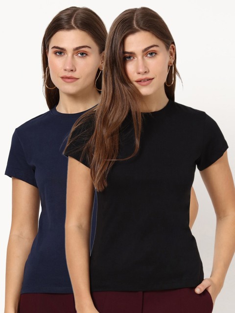 

Bewakoof Women Pack Of 2 Black & Navy Blue Cotton T-shirt