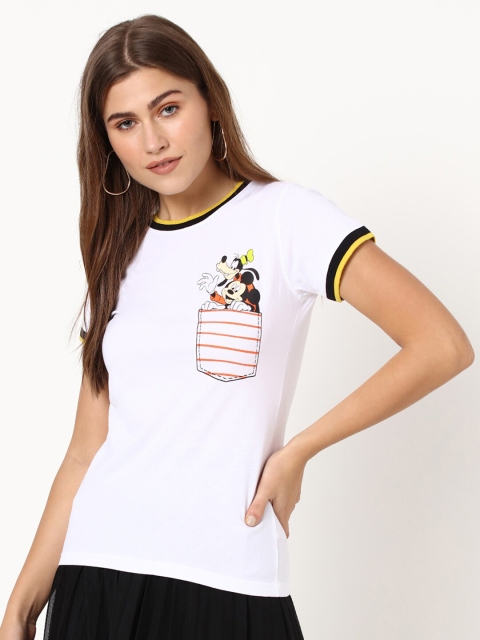 

Bewakoof Women White & Yellow Mickey Mouse Printed Round neck T-shirt