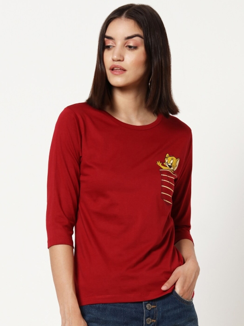 

Bewakoof Women Red Jerry Printed Drop-Shoulder Sleeves Pockets T-shirt