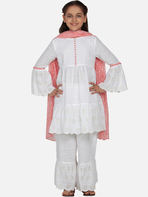 

BLANC9 Girls White & Peach Schiffli Embroidered Pure Cotton Kurta With Sharara & Dupatta