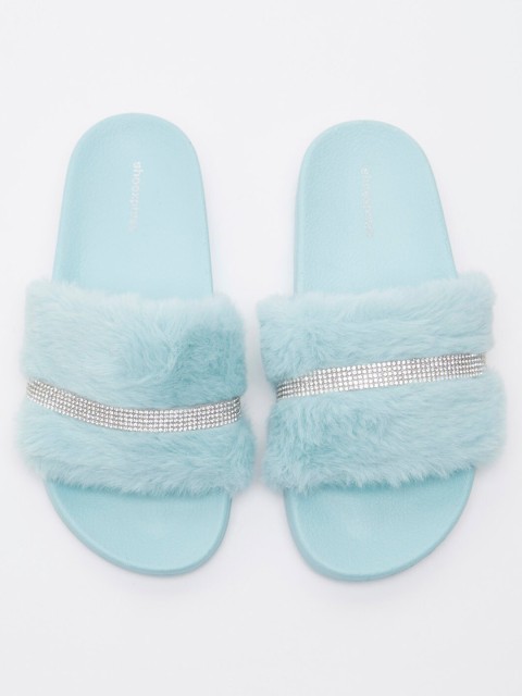 

shoexpress Girls Blue & Silver-Toned Fur Slip-On Flipflops