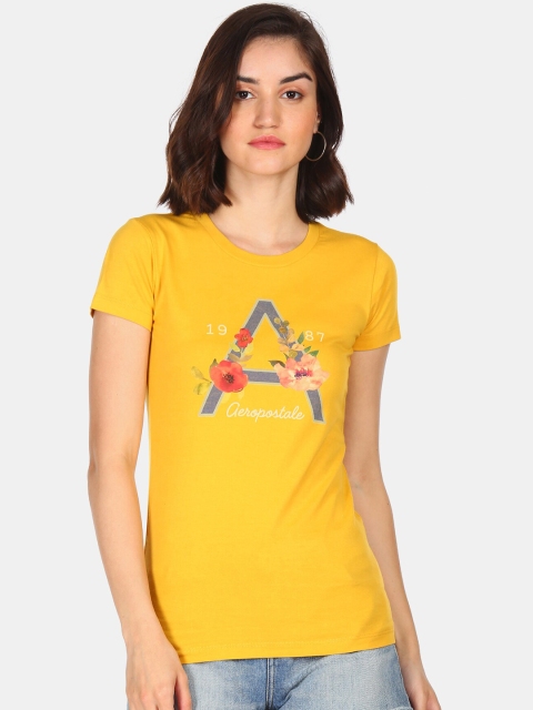 

Aeropostale Women Yellow Pure Cotton Floral Printed T-shirt
