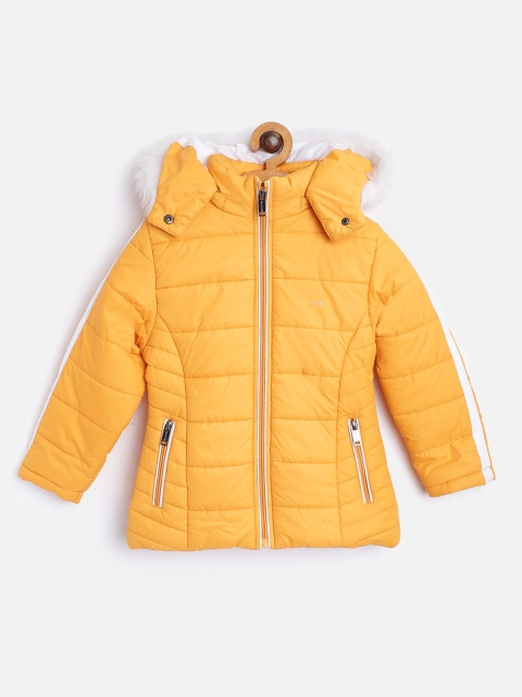 

Okane Girls Mustard Yellow Solid Hooded Parka Jacket