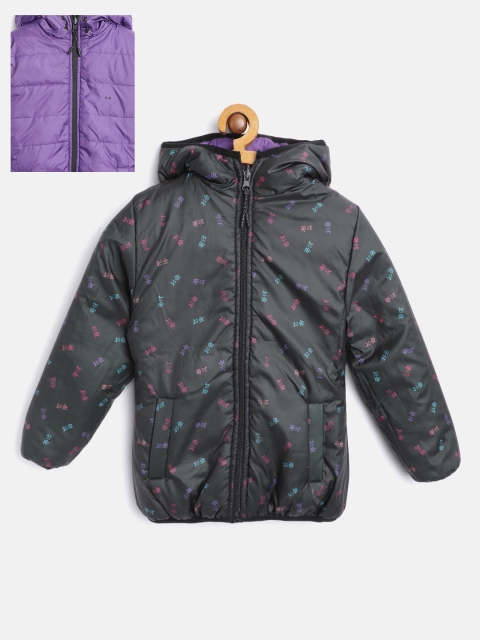 

Okane Girls Black & Purple Printed Hooded Reversible Padded Jacket