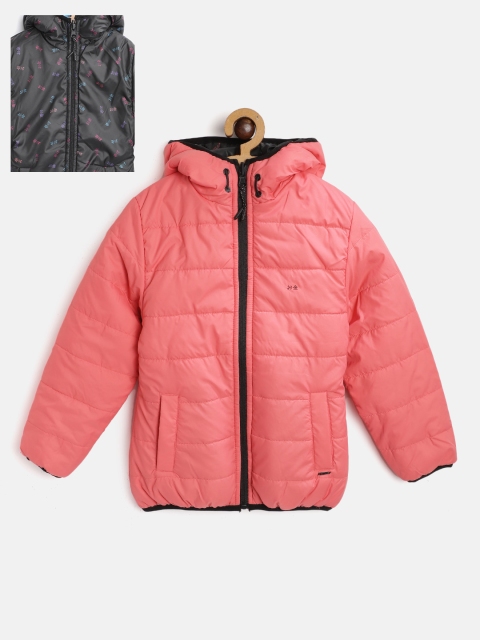 

Okane Girls Coral Pink & Black Solid Reversible Hooded Padded Jacket