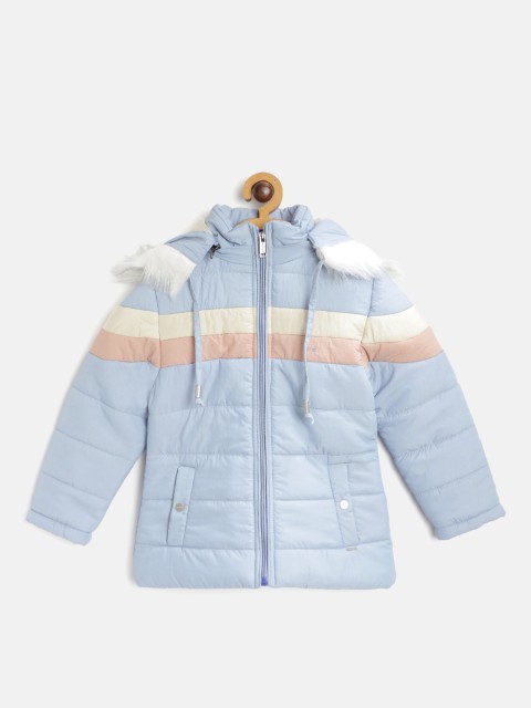 

Okane Girls Blue & Beige Striped Detail Faux Fur Trim Padded Jacket Detachable Hood