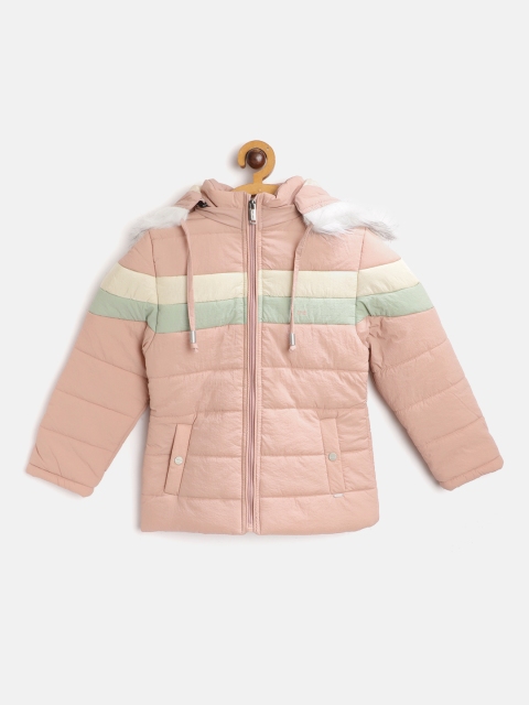 

Okane Girls Peach-Coloured & Beige Faux Fur Padded Jacket with Detachable Hood