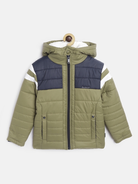 

Okane Boys Olive Green & Navy Blue Colourblocked Padded Jacket with Detachable Hood