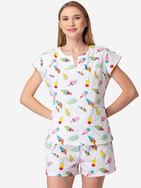 

Fluffalump Women White & Yellow Printed Pure Cotton Night Suit