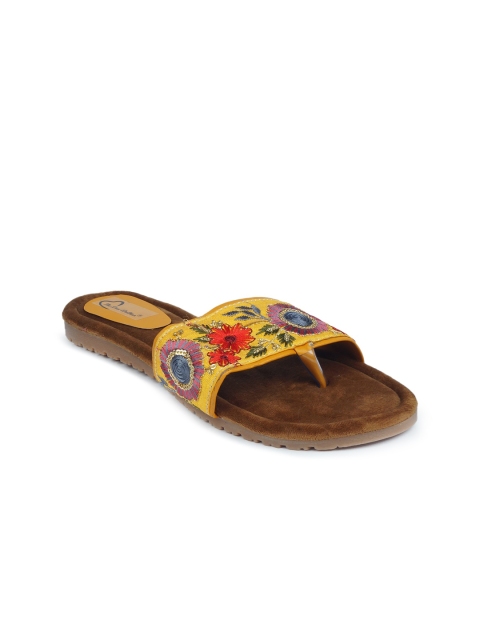 

The Desi Dulhan Women Yellow & Red Embellished Leather Open Toe Flats