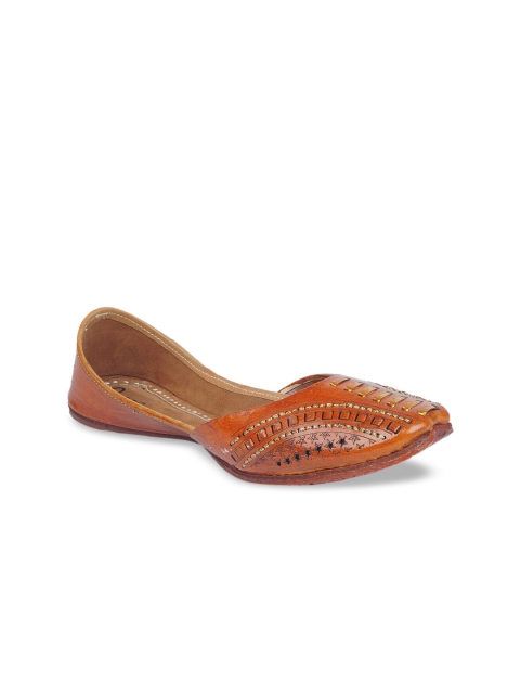 

The Desi Dulhan Women Brown & Gold-Toned Embellished Leather Mojaris with Laser Cuts