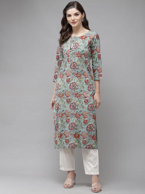 

Anubhutee Women Green & White Floral Printed Regular Pure Cotton Kurta With Trousers