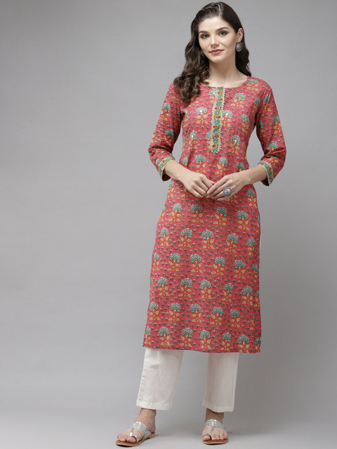 

Anubhutee Women Pink & Off-White Floral Printed Gotta Pure Cotton Kurta with Trousers