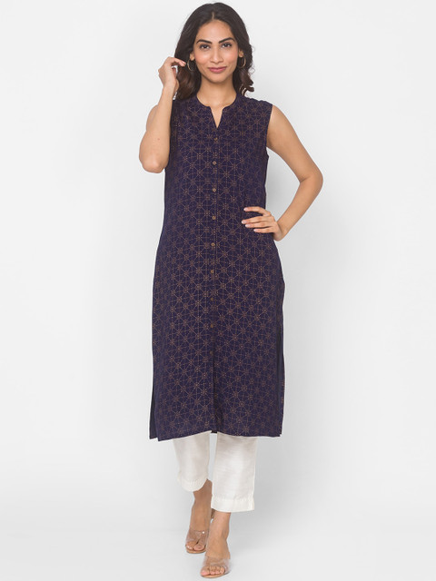 

Ethnicity Women Navy Blue Geometric Thread Work Kurta