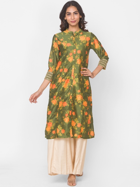 

Ethnicity Women Green & Orange Floral Printed Floral Kurta