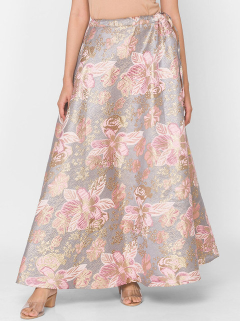 

Ethnicity Women Grey & Gold-Toned Floral Printed Flared Maxi Skirt