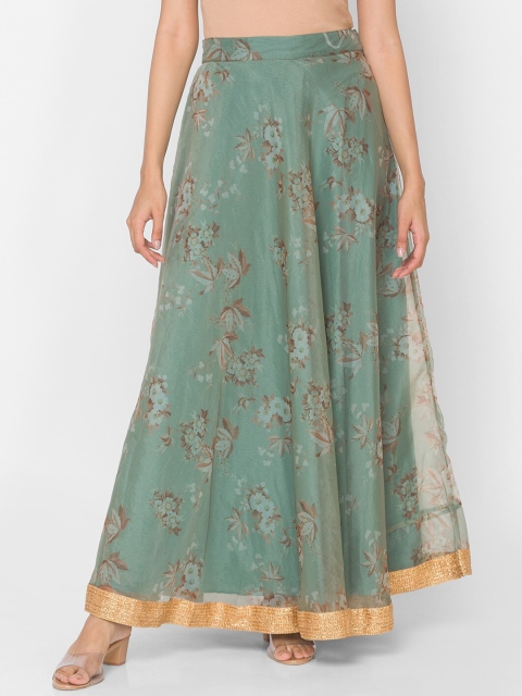 

Ethnicity Women Teal Blue Gold-Coloured Floral Printed Flared Maxi Skirt