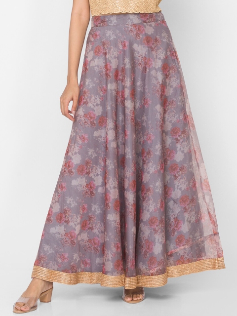 

Ethnicity Women Grey & Pink Floral Printed Maxi-Length Flared Skirt
