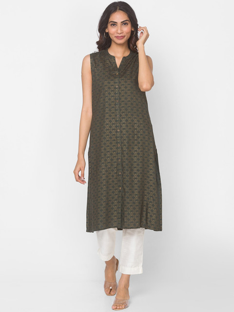 

Ethnicity Women Olive Green Geometric Printed Kurta