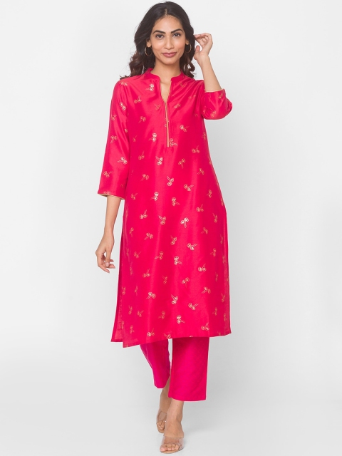 

Ethnicity Women Pink & Gold-Toned Ethnic Motifs Printed Regular Kurta With Trousers