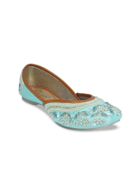 

The Desi Dulhan Women Blue Embellished Leather Ethnic Mojaris Flats