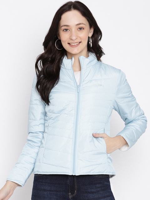 

METTLE Women Blue Crop Padded Jacket with Patchwork