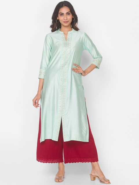 

Ethnicity Women Green & Gold-Toned Embroidered Cotton Kurta