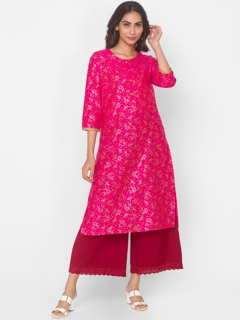 

Ethnicity Women Fuchsia Ethnic Motifs Printed Cotton Kurta