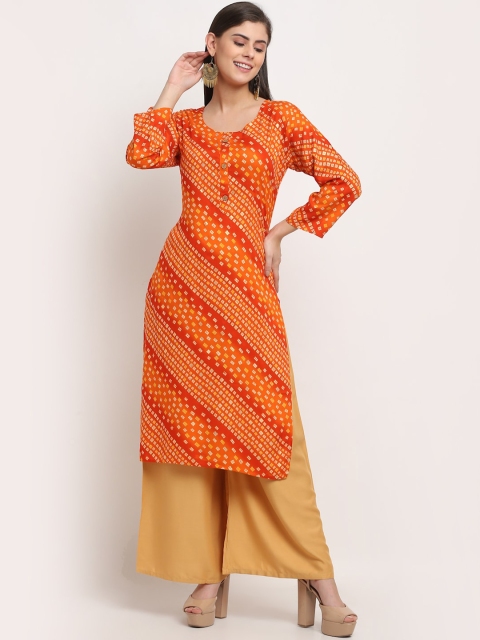 

GRACIT Women Orange & White Geometric Checked Gotta Patti Floral Kurta