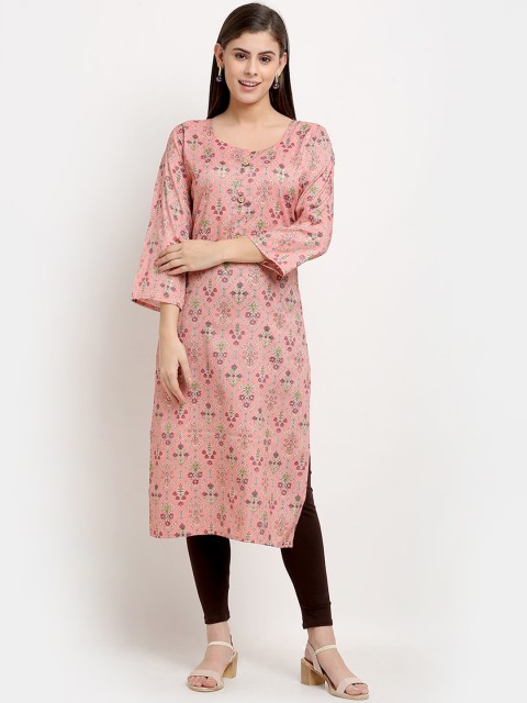 

GRACIT Women Pink & Green Floral Printed Flared Sleeves Floral Kurta