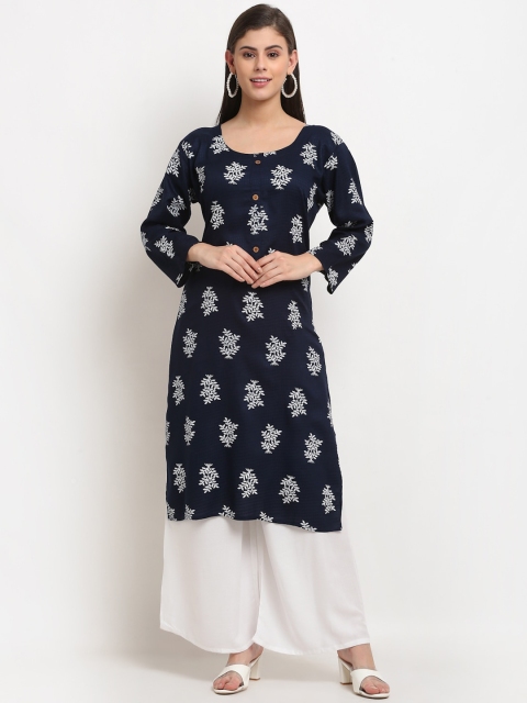 

GRACIT Women Navy Blue Ethnic Motifs Printed Flared Sleeves Floral Kurta