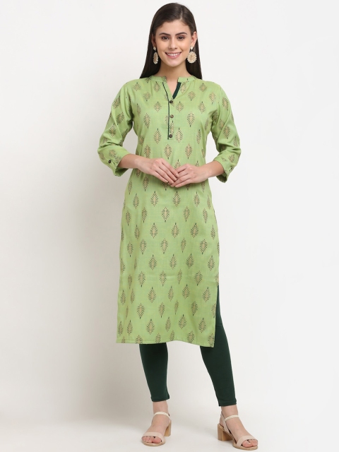 

GRACIT Women Green & Gold-Coloured Ethnic Motifs Printed Cotton Straight Kurta