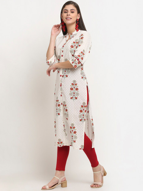 

GRACIT Women White Floral Printed Flared Sleeves Thread Work Floral Kurta