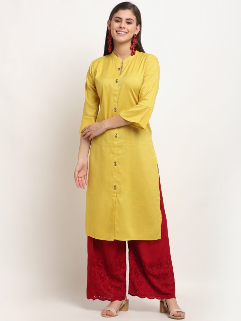 

GRACIT Women Yellow Bell Sleeves Solid Cotton Silk Kurta