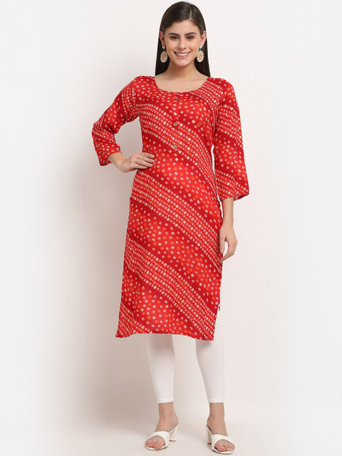 

GRACIT Women Red & Maroon Bandhani Straight Kurta