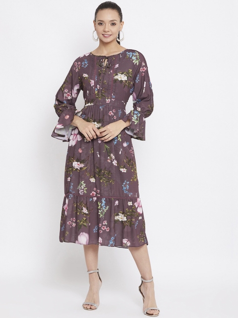 

CAMLA Purple & Off White Floral Tie-Up Neck Midi Dress