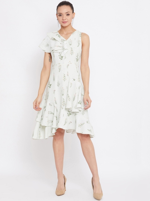 

CAMLA Women Off White & Green Floral One Shoulder A-Line Dress