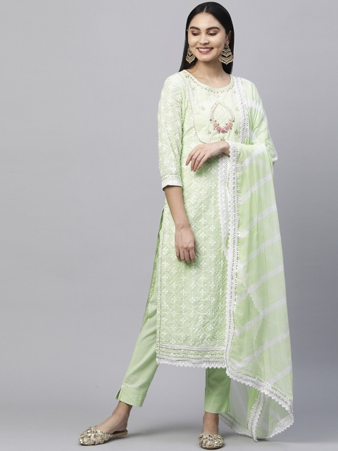 

FASHOR Women Green & White Embroidered Pure Cotton Kurta With Trousers & Dupatta